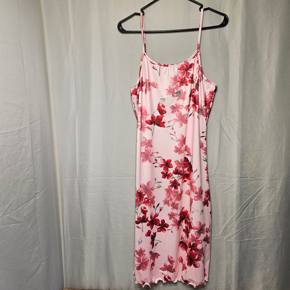 Vtg Y2K Floral Slip Dress Womens Large Pink Cherry Blossom Lettuce Hem Midi